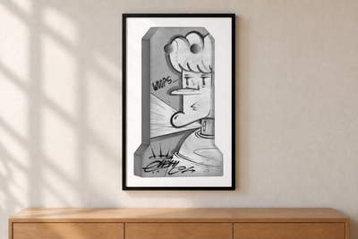 Framed print of a Concrete Barrier with black and gray graffiti-style illustration of a character saying "WOOPS..." on textured surface.