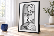 Framed Concrete Barrier print in black and white with cartoon graffiti character and handwritten "WOOPS..." text on textured surface.