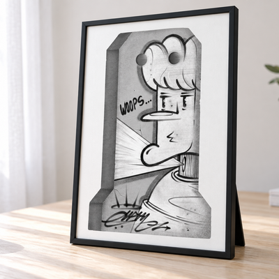 Framed Concrete Barrier print in black and white with cartoon graffiti character and handwritten "WOOPS..." text on textured surface.