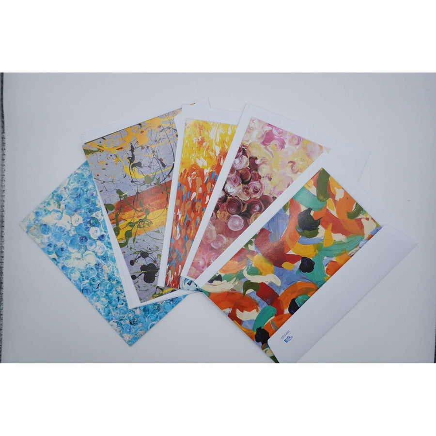 ADI All-Purpose Greeting Cards, five white cards with colorful assorted abstract artwork and matching white envelopes.