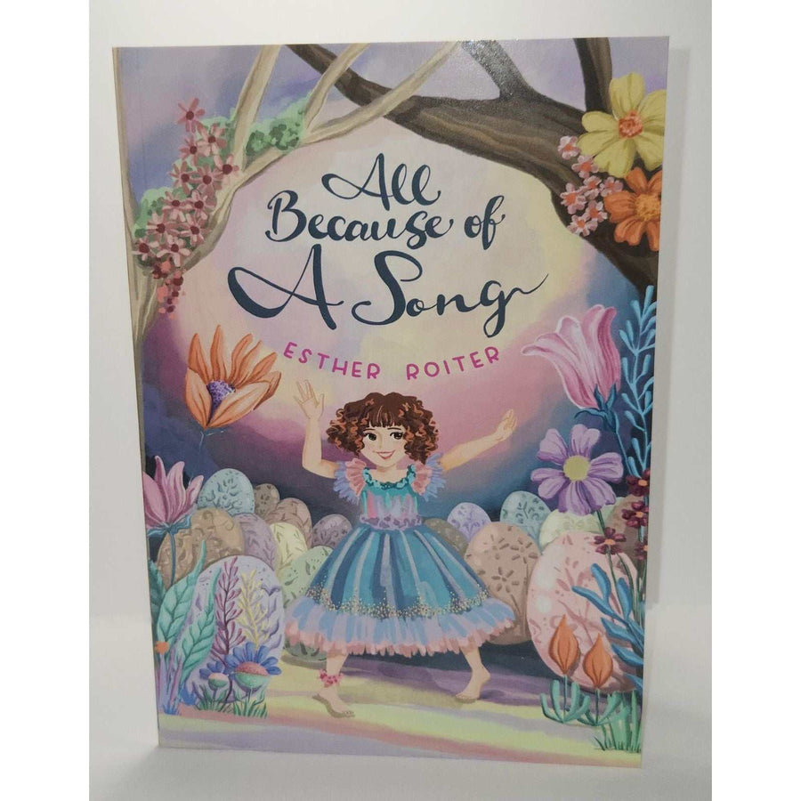 Children’s book, ADI All Because of a Song, with a colorful illustrated cover, girl in a blue dress, flowers and trees.
