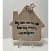 ADI Birkat Habayit House Ornament, cream ceramic house with black English blessing text and a jute hanging loop