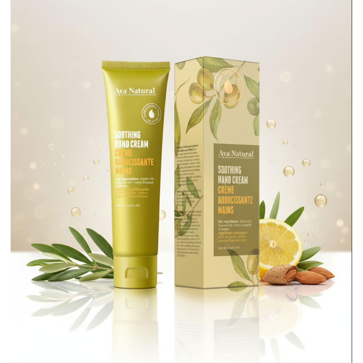 Aya Natural Rich Natural hand cream in a lime-green tube and matching citrus-and-leaf patterned box, with a flip-top cap.