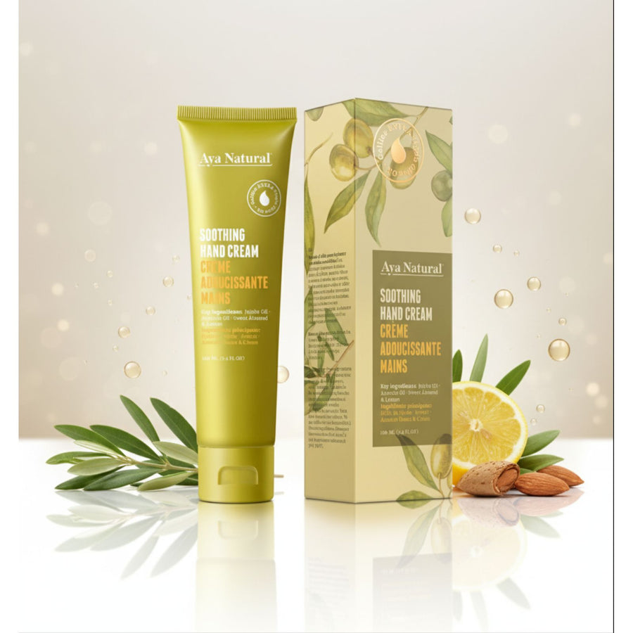 Aya Natural Rich Natural hand cream in a lime-green tube and matching citrus-and-leaf patterned box, with a flip-top cap.