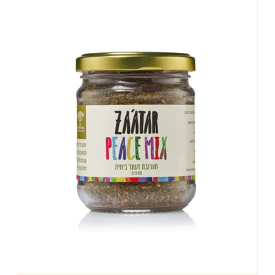 Za’atar seasoning in a clear glass jar with a gold lid and colourful “Peace Mix” label, Sindyanna of Galilee Za'atar Blend