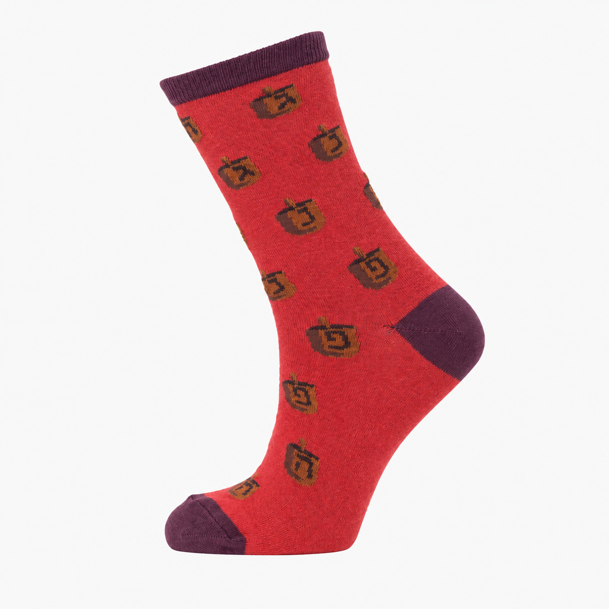 Dreidel Fun Socks in bright red cotton-rich knit, patterned with brown dreidels and finished with purple cuffs, heel, and toe.