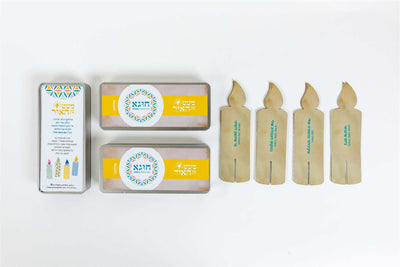 Light Up! Family Conversation Game with cream candle-shaped cards, teal lettering, colorful geometric accents and yellow bands.