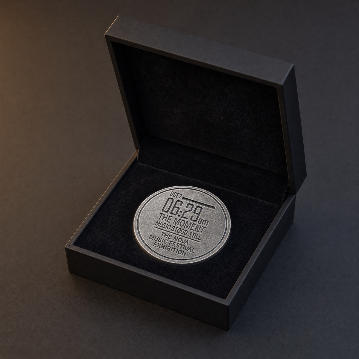 Silver-tone nickel Nova 06:29 Exhibition commemorative coin with engraved lettering, displayed in a black presentation box.