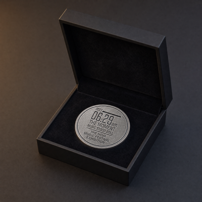 Silver-tone nickel Nova 06:29 Exhibition commemorative coin with engraved lettering, displayed in a black presentation box.
