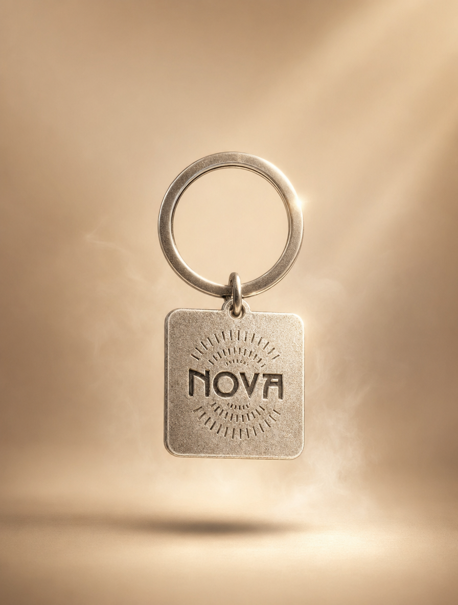 Nova Keychain in silver-tone metal, featuring a round split ring and rectangular tag engraved with the NOVA logo.