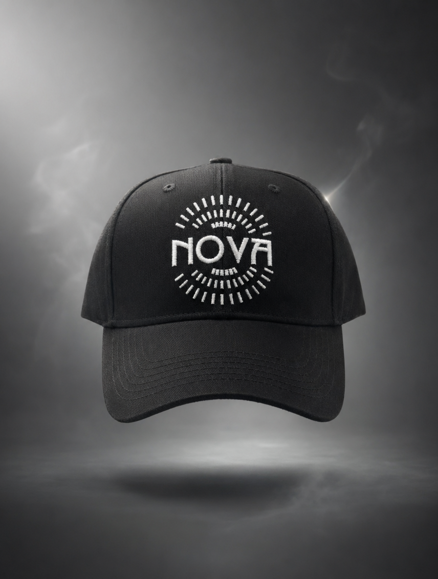 Nova Logo Snapback Hat in black, made of textured fabric with a curved brim and white radial Nova emblem on the front.