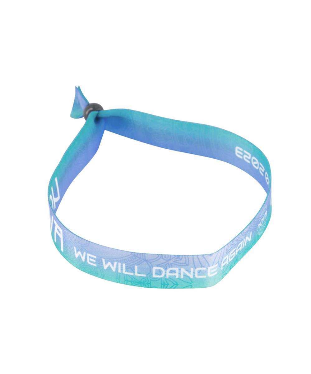 Nova We Will Dance Again fabric bracelet in blue with an aqua gradient, white lettering and an adjustable loop fastening.