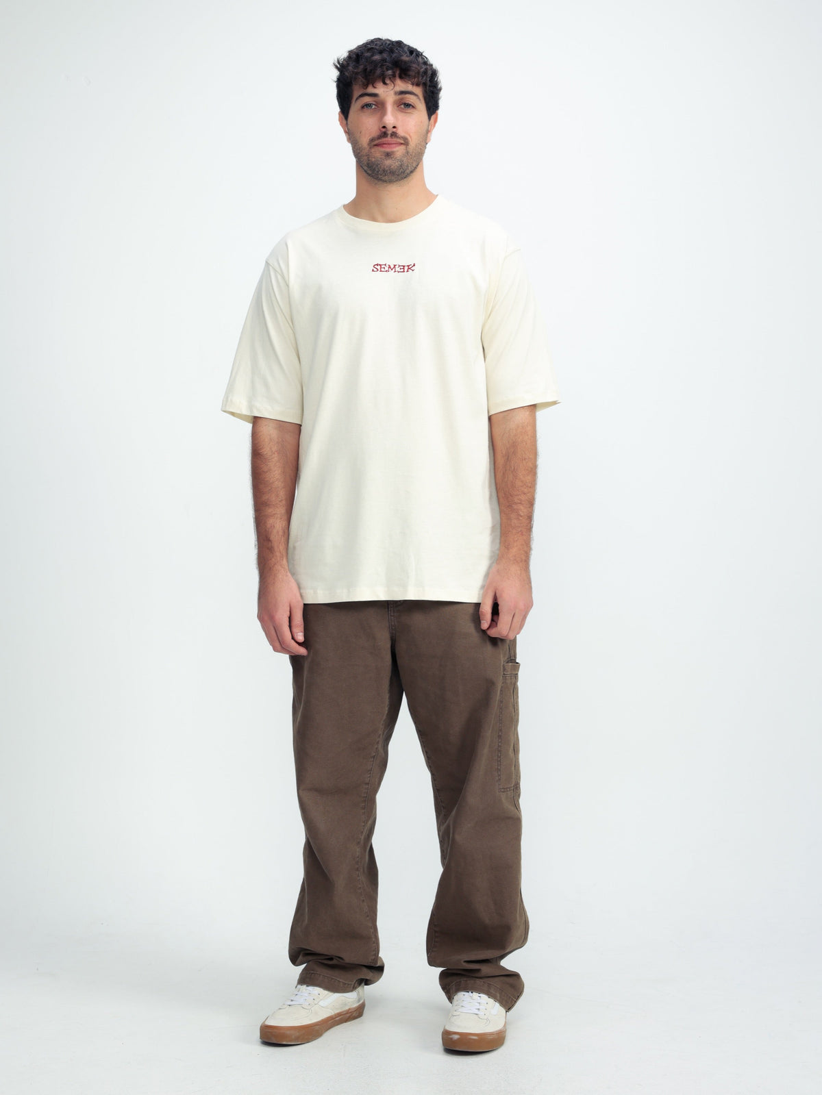 Omer Wenkert Heart T-Shirt in off-white cotton with a relaxed fit and small red chest lettering.