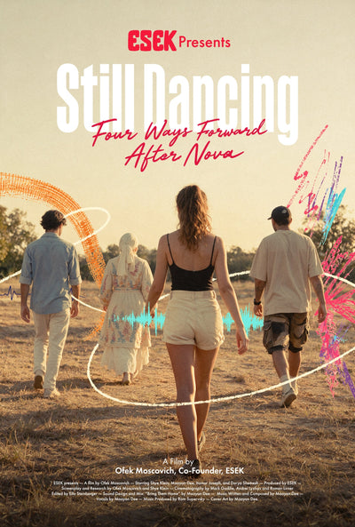 Still Dancing: Four Ways Forward documentary poster with bold white and red lettering over an illustration of four people walking across a field.