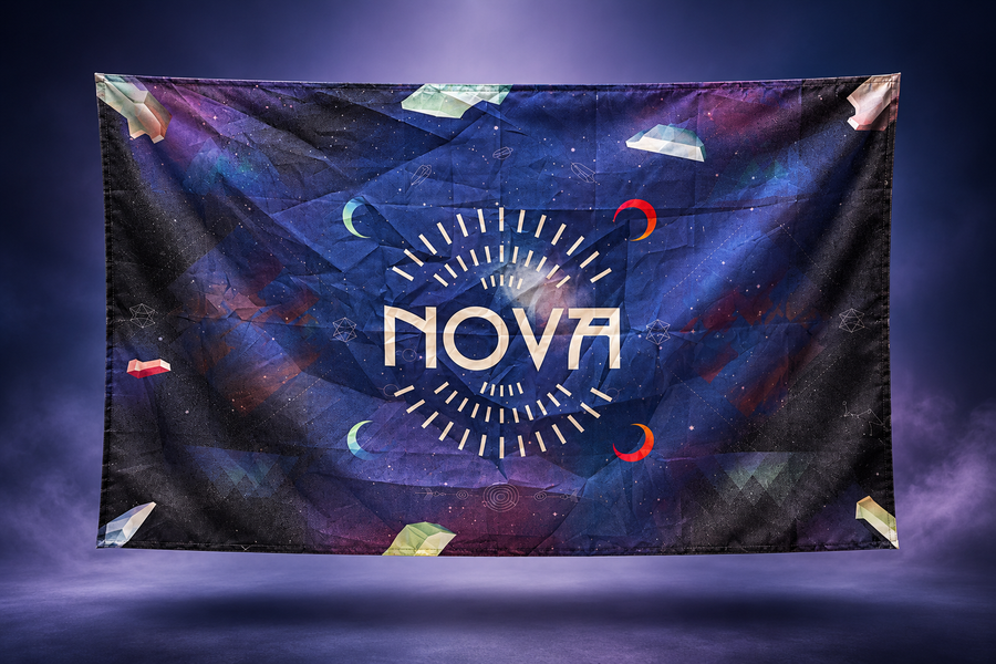 Official Tribe of Nova Flag in blue and purple galaxy-patterned fabric, featuring a central NOVA logo and radiating design.